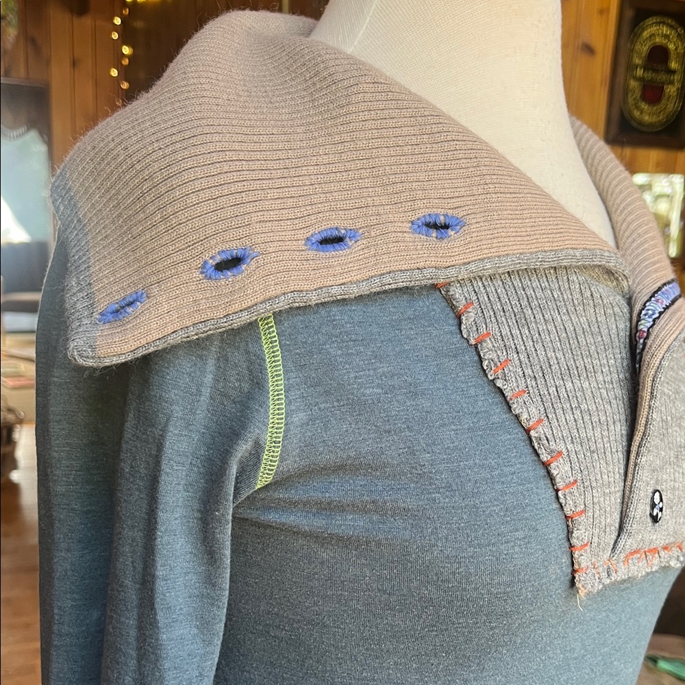 Free People Blue and Cream Cowl Neck Sweater - Picture 5 of 11